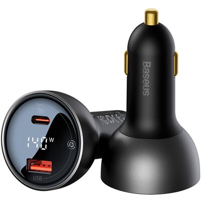 Baseus Ładowarka samochodowa Digital Display 140W, USB-A, USB-C + kabel USB-C 5A 240W, czarna