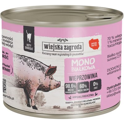Wiejska Zagroda Monobiałkowa Wieprzowina mokra karma dla kota waga 12x200 g