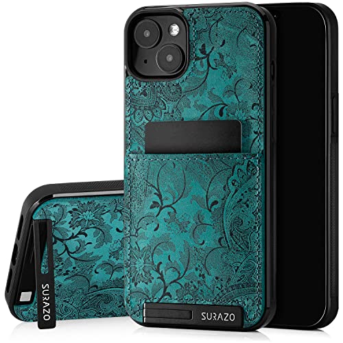 SURAZO Etui ochronne z prawdziwej skóry premium do Apple iPhone 14 – odporne na uderzenia skórzane etui na telefon komórkowy z przegródką na karty, funkcja stojaka, breloczek do kluczy; etui typu