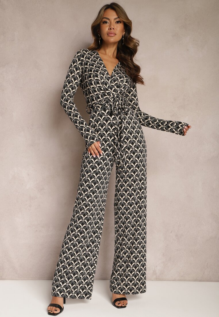Czarny Kombinezon z Mozaikowym Wzorem z Dekoltem w Serek i Paskiem Inafil