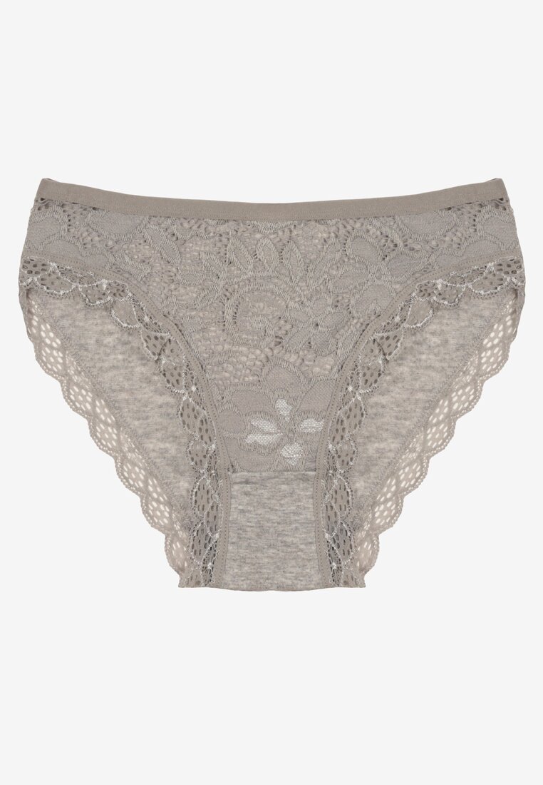 Szare Bawełniane Majtki Figi z Koronką z Przodu Bivora