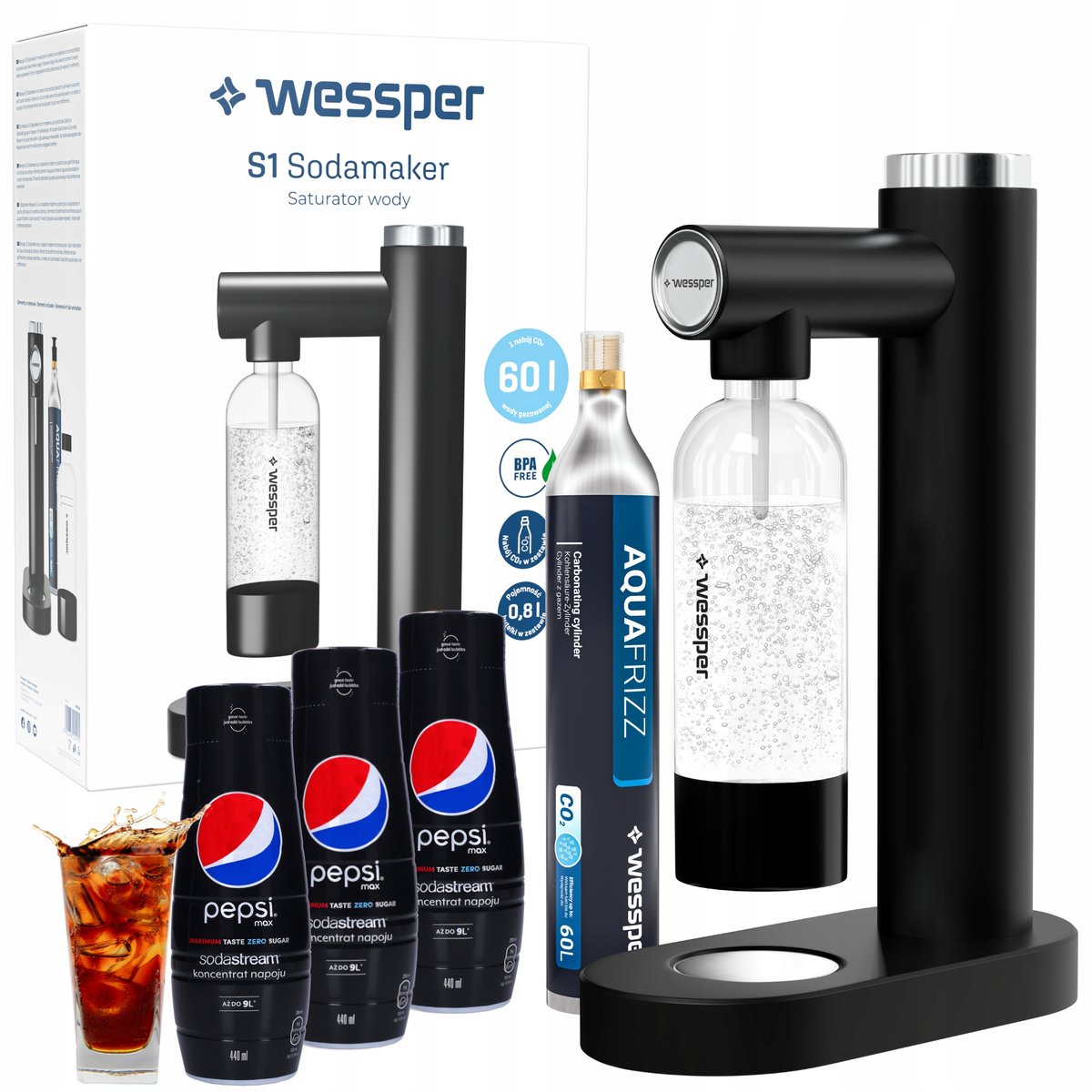 Saturator do wody syfon Wessper + Syrop Sodastream Pepsi max bez cukru free