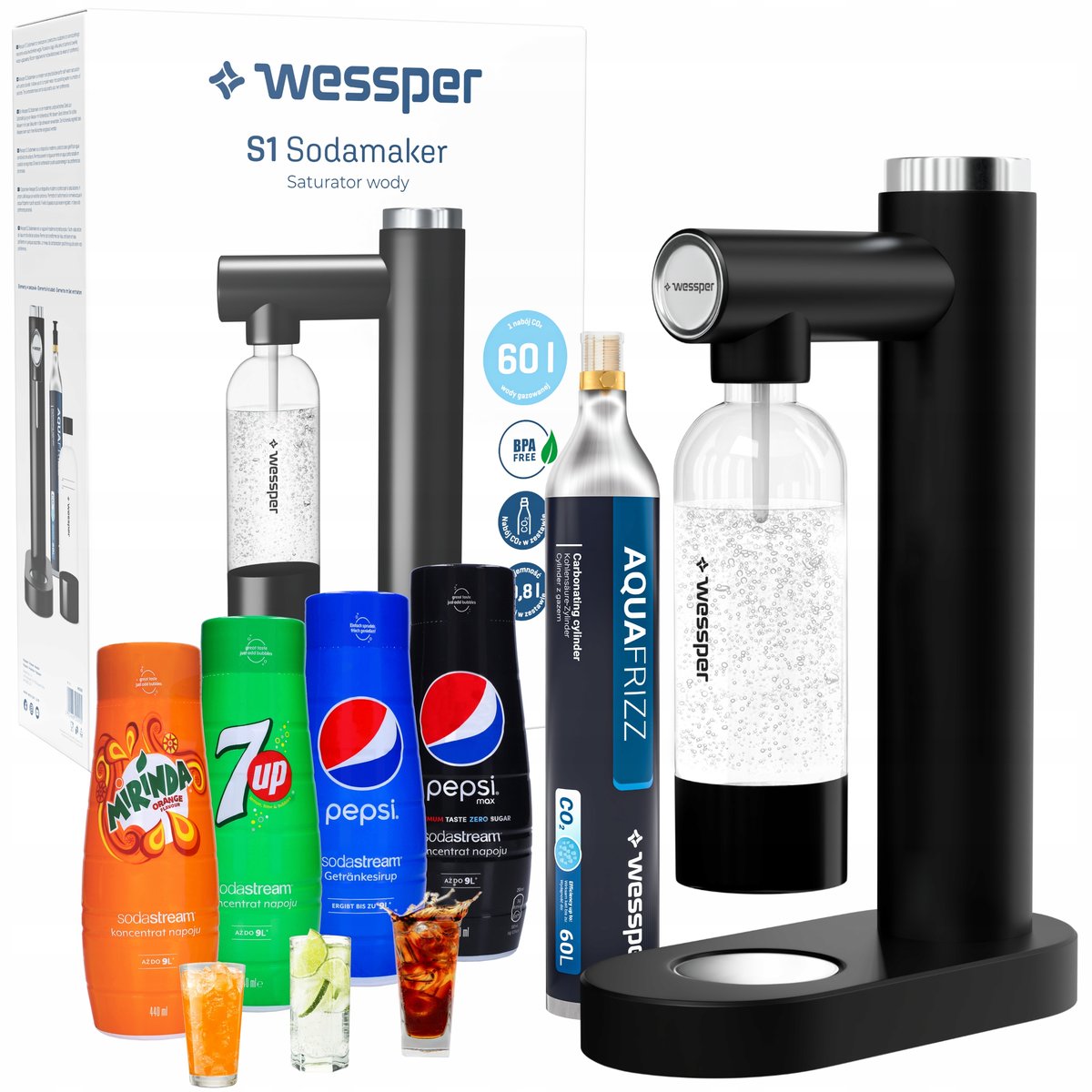 Saturator Zestaw Butelka Nabój Syrop Sodastream Pepsi Bez Cukru Mirinda 7Up