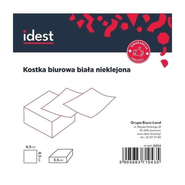 Kostka biurowa biała nieklejona 85x85x35mm IDEST 1szt.