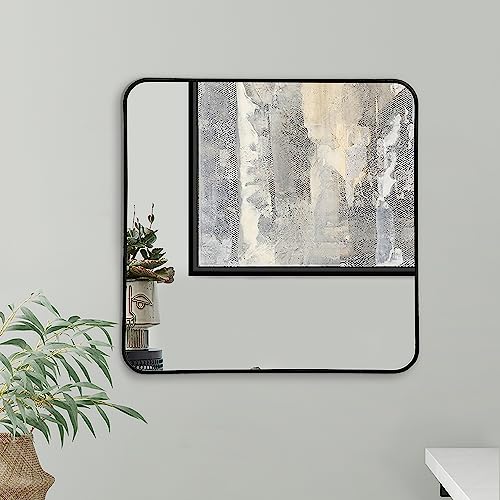 Americanflat Kwadratowe czarne lustro ramowe 60 cm z zaokrąglonymi narożnikami, aluminiowe lustro ścienne do sypialni, łazienki i salonu, duże lustro do ściany z okuciami do zawieszenia