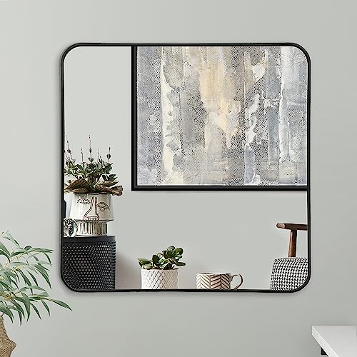 Americanflat 79 cm kwadratowe czarne lustro ramowe z zaokrąglonymi narożnikami - aluminiowe lustro ścienne do salonu, łazienki i sypialni - duże lustro do ściany z akcesoriami do zawieszenia