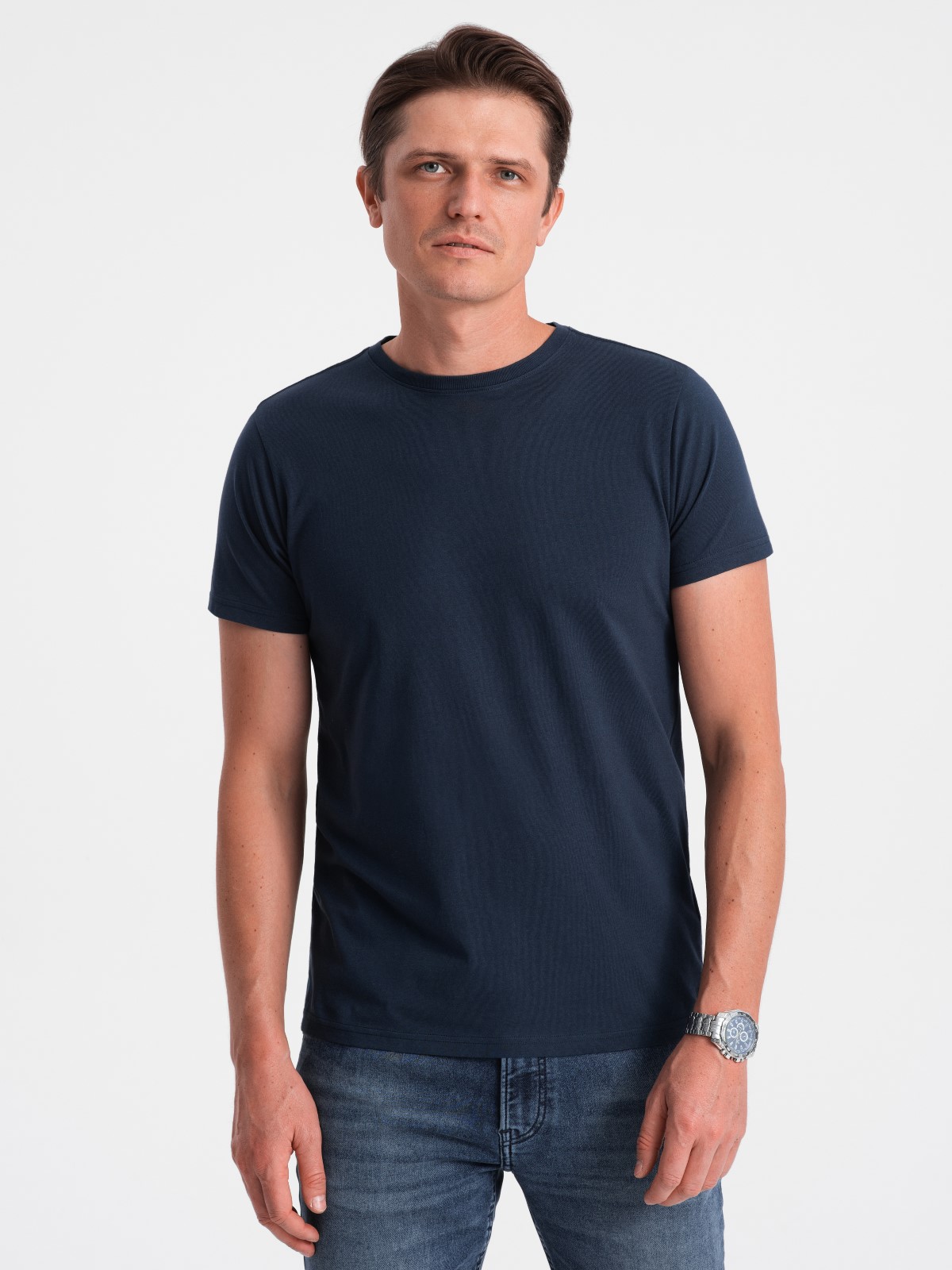 Klasyczny T-shirt męski bawełniany BASIC - granatowy V2 OM-TSBS-0146