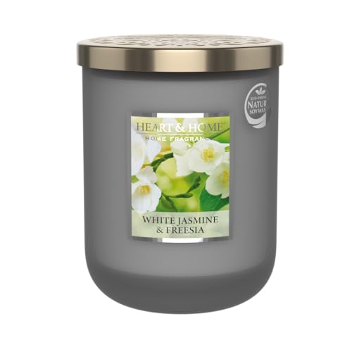 HEART & HOME świeca zapachowa z naturalnego wosku sojowego do domu, duży słoik Freesia Jaśmin, czas palenia 75 h, prezent, dekoracja i perfumy do domu, szklany słoik