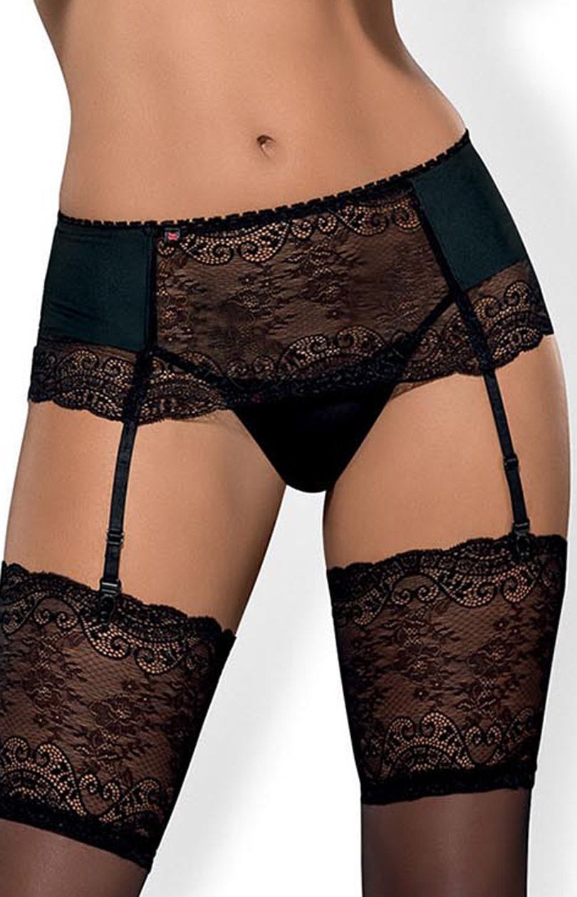 Obsessive Miamor garter belt pas i stringi, Kolor czarny, Rozmiar S/M, Obsessive - Intymna
