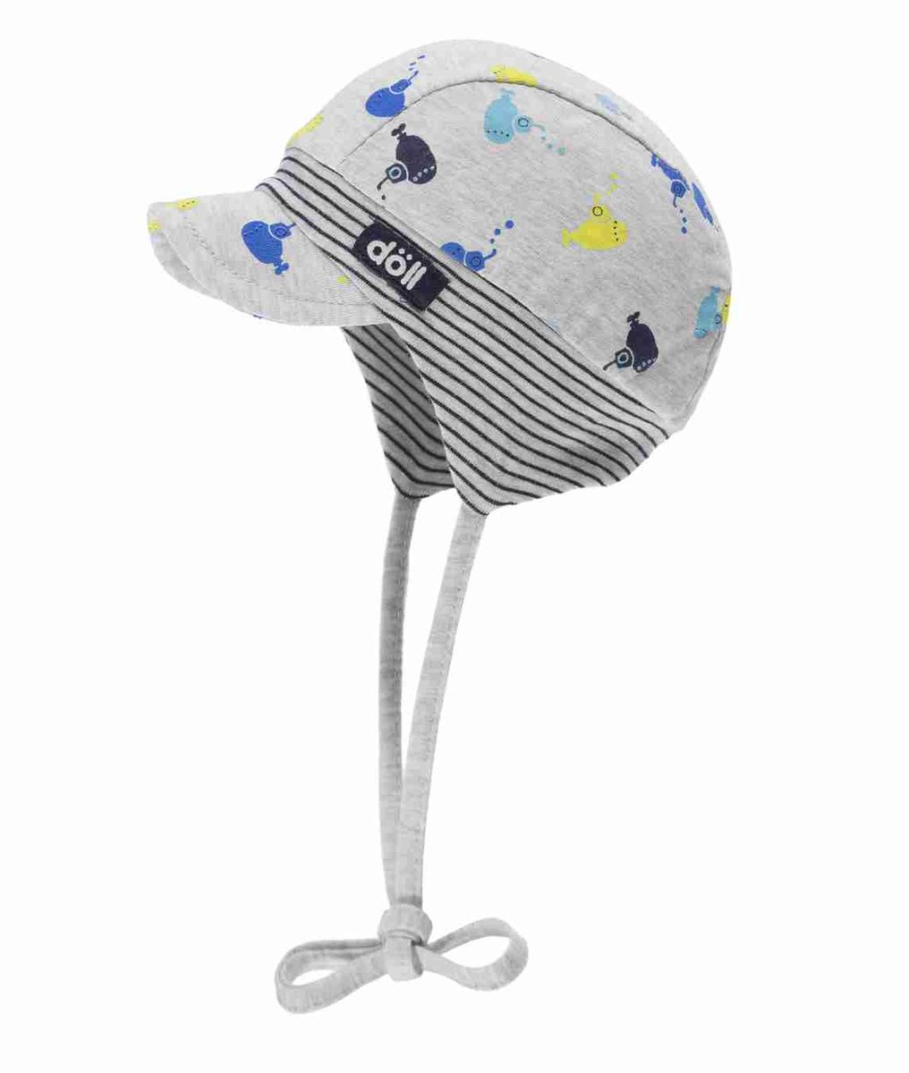 Czapka z daszkiem chłopięca, wiązana, szara, łodzie podwodne, Döll