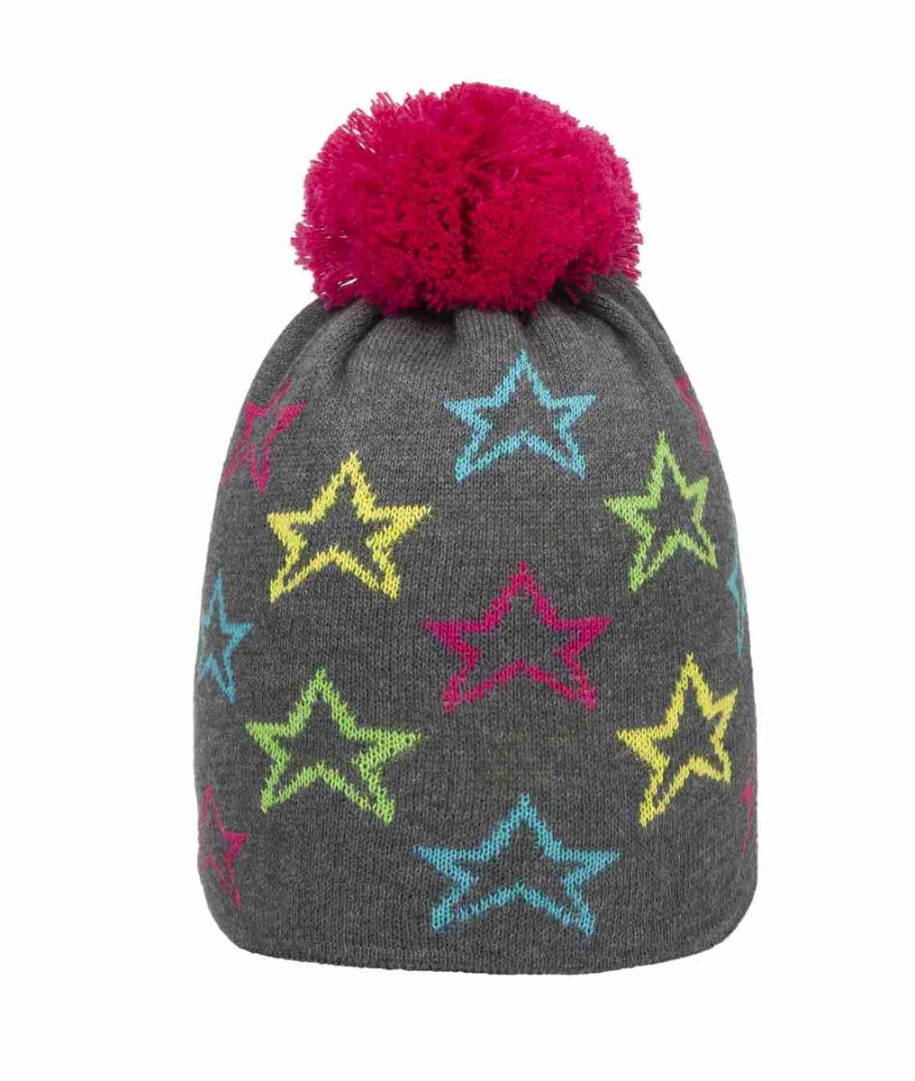 Czapka dziewczęca, szara, gwiazdki, pompon, Döll
