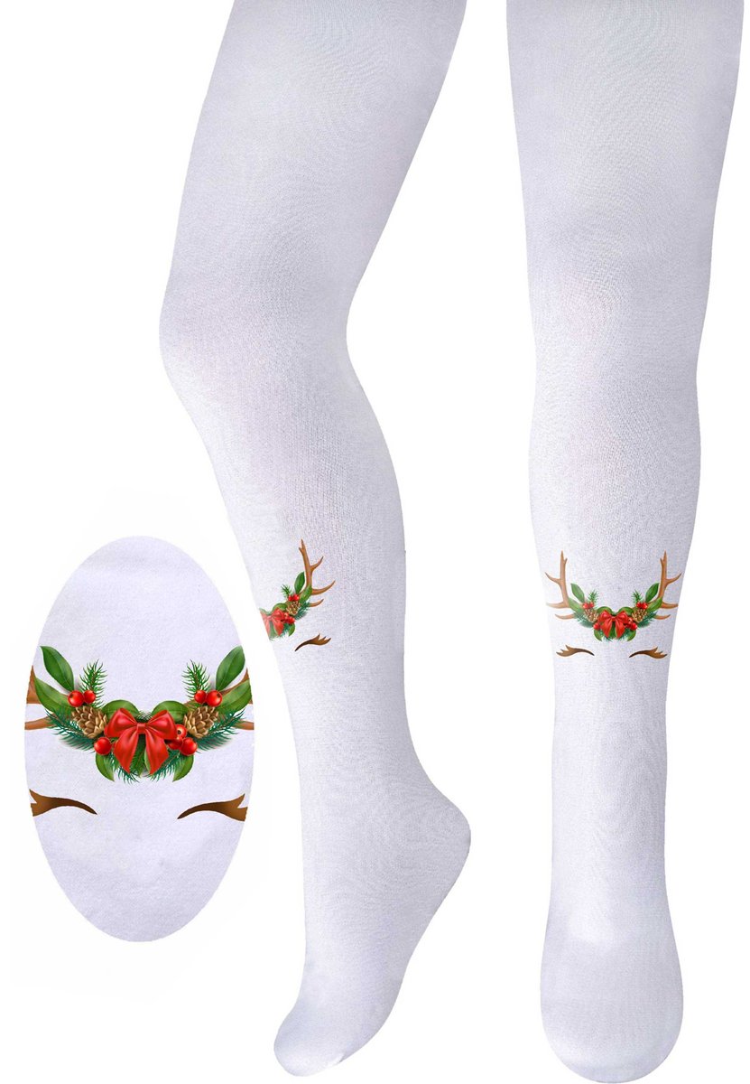 Dziewczęce białe rajstopy z świątecznym nadrukiem rogi ze wstążeczką