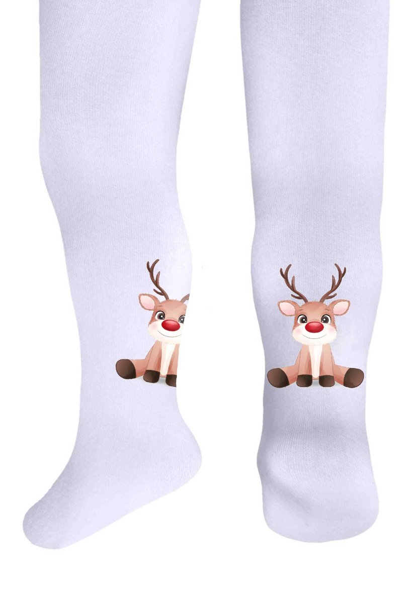Dziewczęce białe rajstopy z świątecznym nadrukiem reniferka