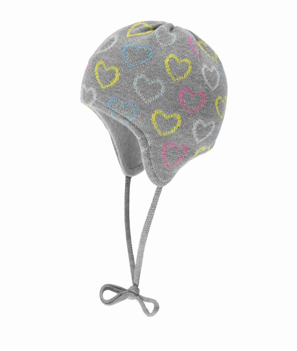 Czapka dziewczęca, wiązana, szara melanż, serca, Döll