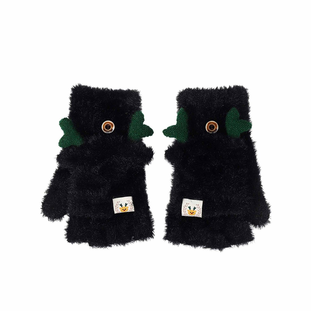 Rękawiczki młodzieżowe z klapką reniferki czarne