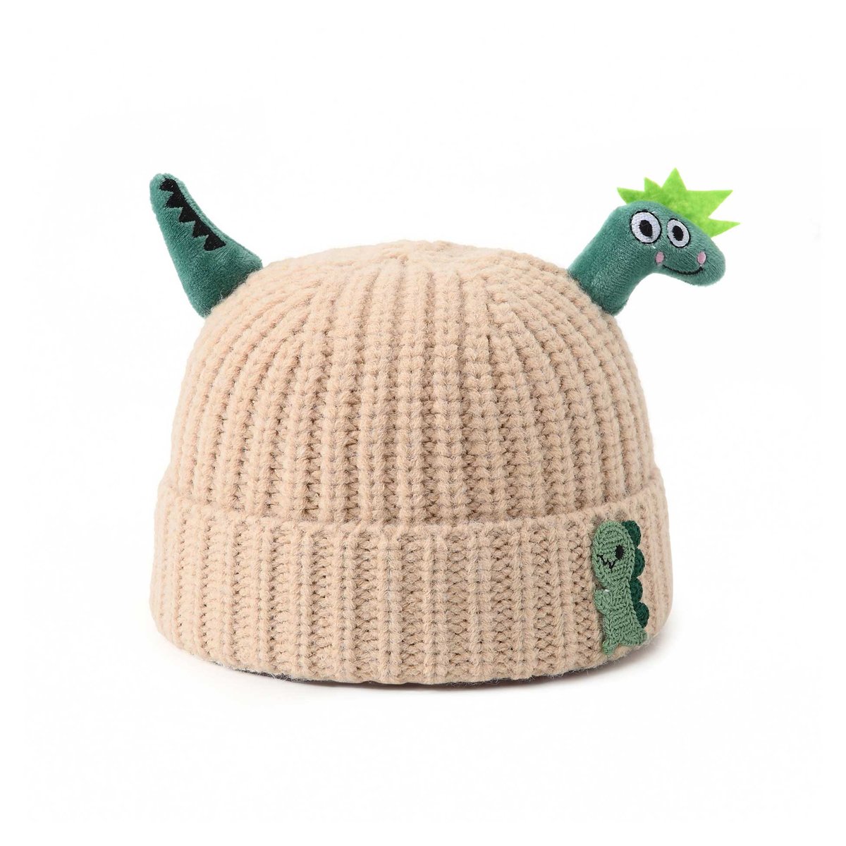 Chłopięca czapka zimowa z dinozaurem 3D beżowa