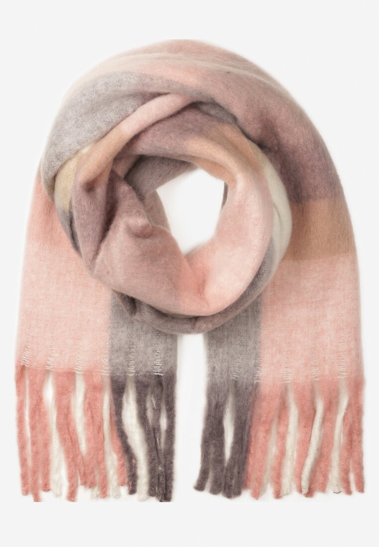 Jasnoróżowy Pastelowy Szalik w Kratę z Szerokimi Frędzlami Aresila