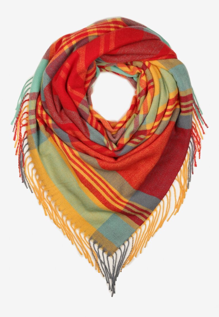 Czerwono-Żółty Szalik z Bawełny i Wiskozy Ozdobiony Klasyczną Kratą i Frędzlami Nerifla