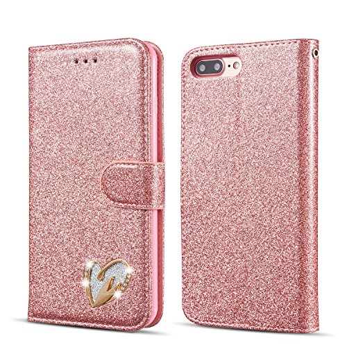 Etui QLTYPRI do iPhone 6 iPhone 6S etui z klapką brokatowy brokat bling skórzany portfel z magnetycznym etui na karty portfel do iPhone 6 iPhone 6S - różowe złoto