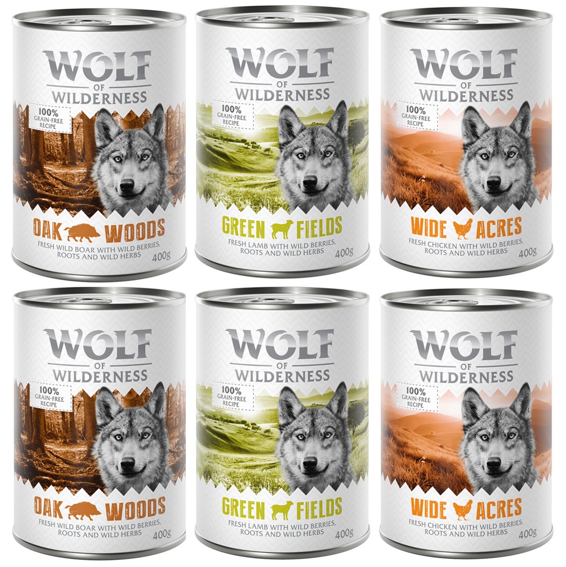 Mieszany pakiet próbny Wolf of Wilderness Adult - 6 x 400 g, puszki: dzik, kurczak, jagnięcina