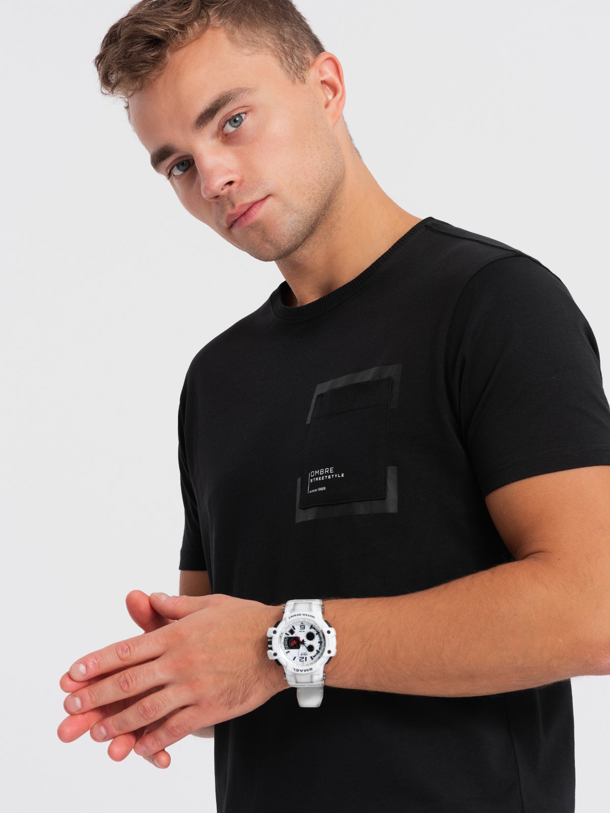 T-shirt męski bawełniany z kieszonką - czarny V1 OM-TSPT-0154