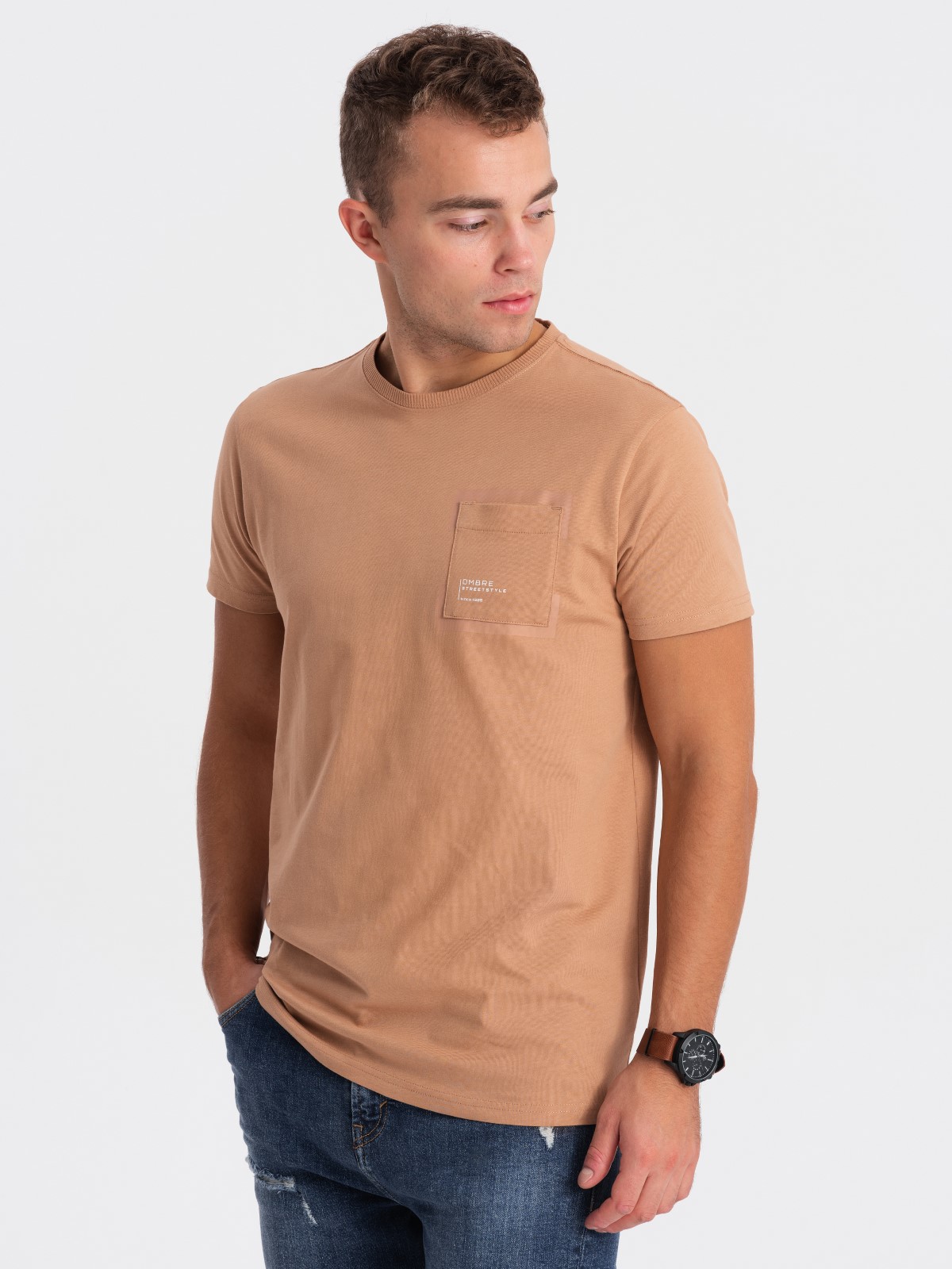 T-shirt męski bawełniany z kieszonką - jasnobrązowy V7 OM-TSPT-0154