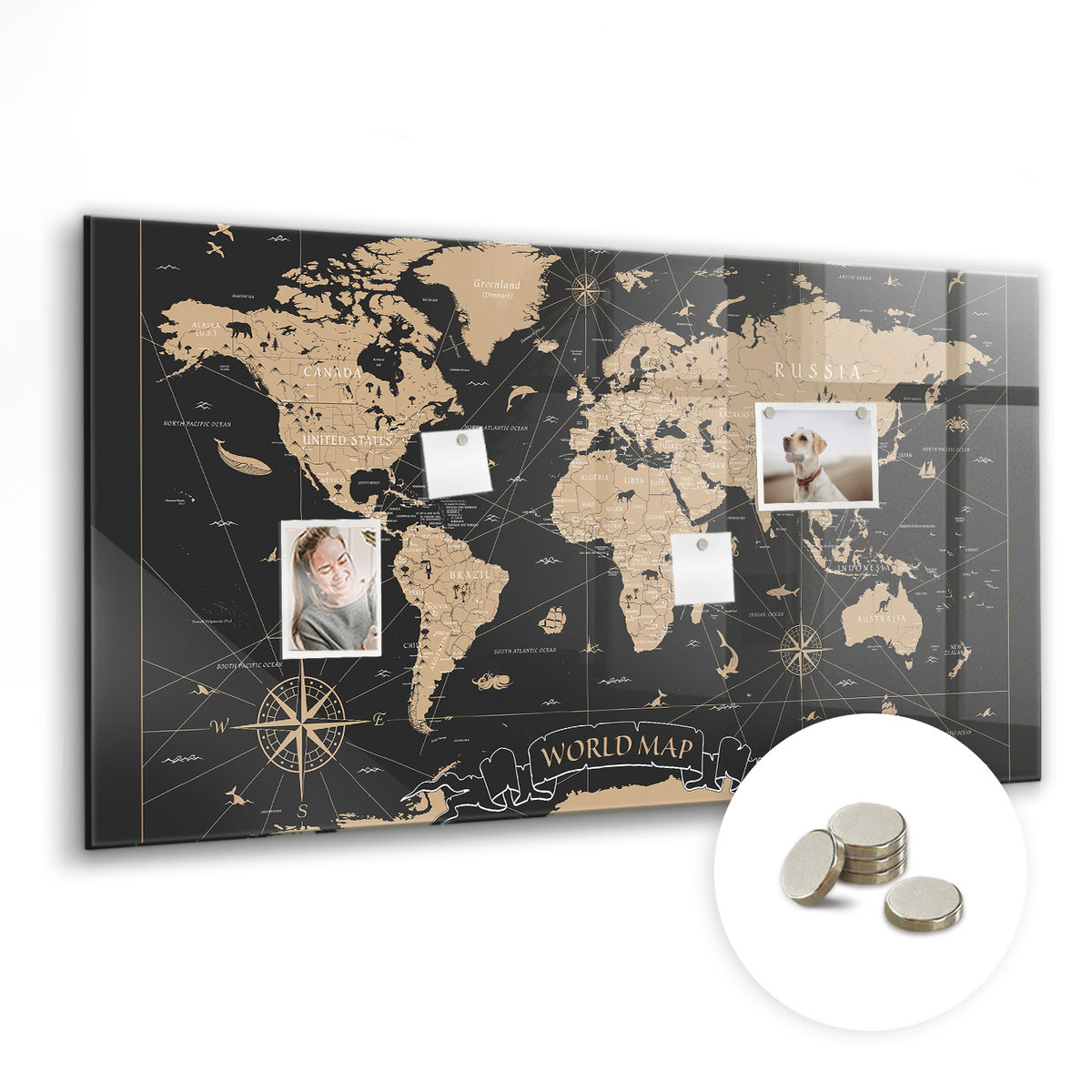 Tablica Szklana z Magnesami - 120x60 cm, Vintage mapa świata