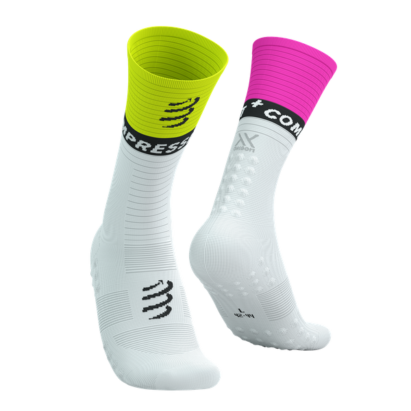 COMPRESSPORT Skarpetki kompresyjne do biegania MID COMPRESSION SOCKS V2.0 white/safety yellow/neon pink