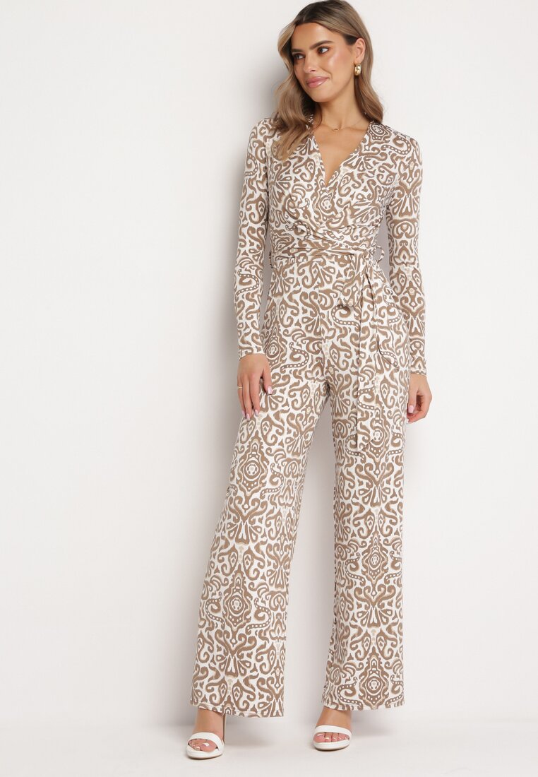 Beżowy Kombinezon w Ornamentalny Wzór z Materiałowym Paskiem Nireti
