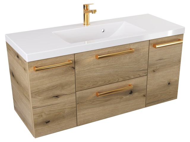 Szafka Wisząca Z Umywalką ATHD 100 cm D - Dąb Evoke Coast Mat - Uchwyty Złote Polerowane