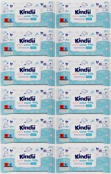 KINDII Chusteczki Wodne PURE WATER 99% Wody 12x60