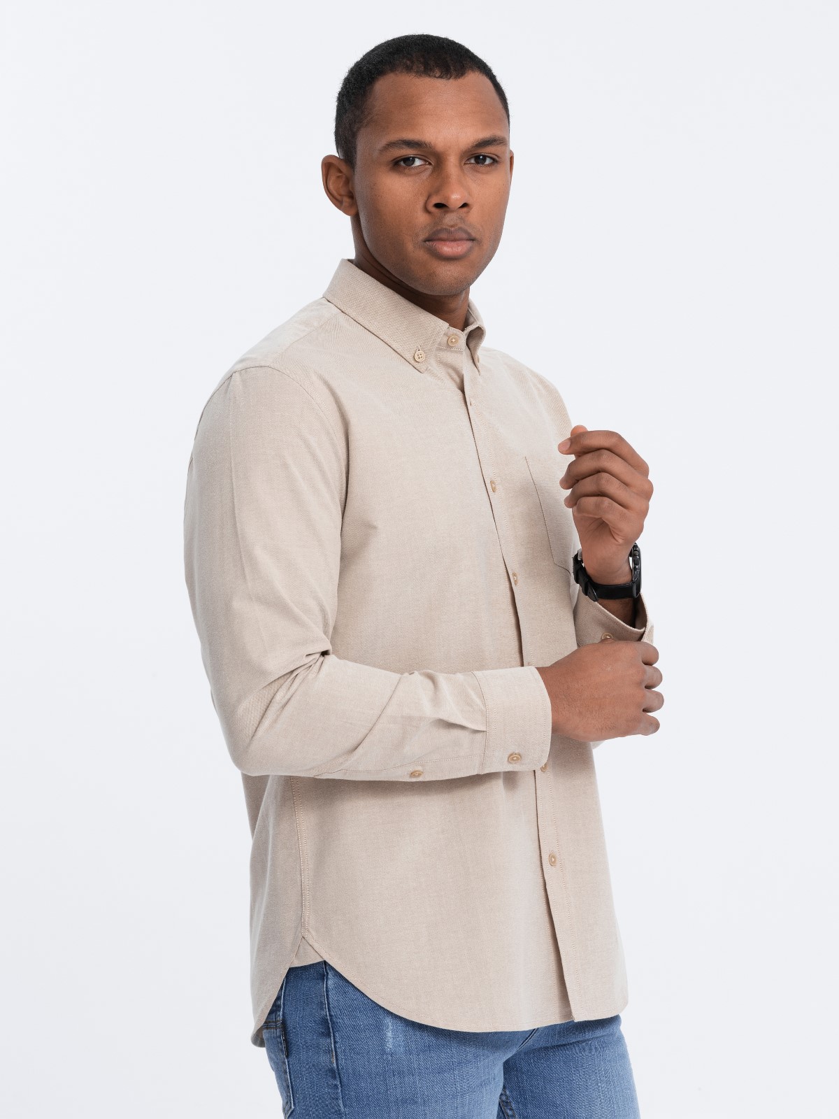Koszula męska bawełniana REGULAR FIT z kieszenią - beżowy V1 OM-SHOS-0153