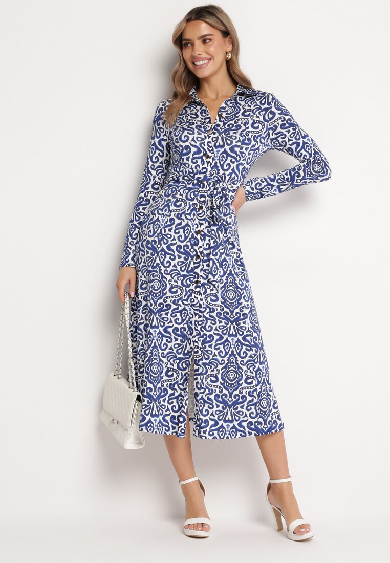 Niebiesko-Biała Rozkloszowana Sukienka Midi o Koszulowym Fasonie z Ozdobnym Wzorem Liovia