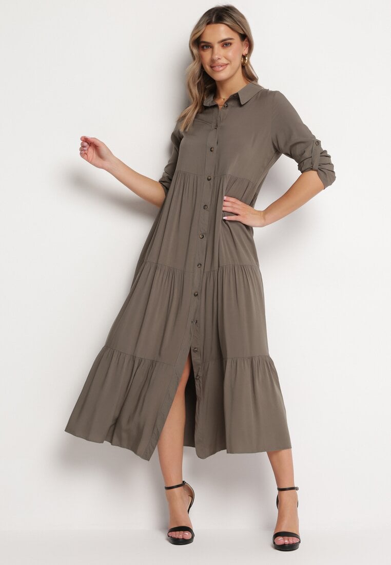 Ciemnozielona Rozkloszowana Sukienka Maxi z Bawełny w Koszulowym Stylu Onecca