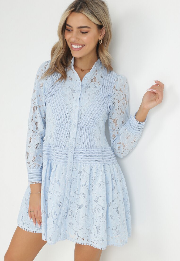 Niebieska Koszulowa Sukienka z Koronką Jolley