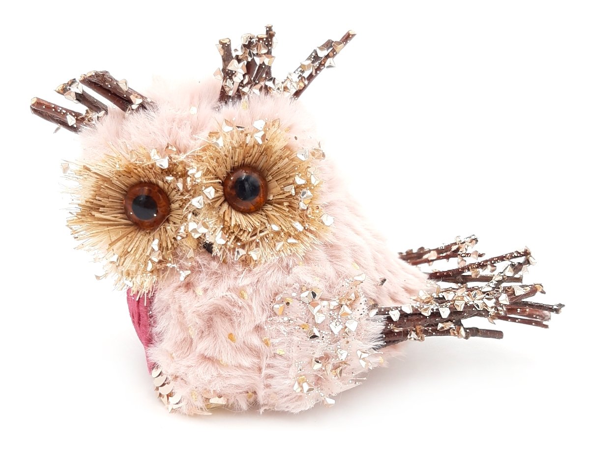 Sowa figurka różowa z futerkiem glamour 16 cm