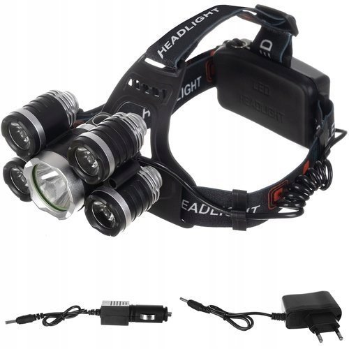 Latarka Czołowa Lampka Czołówka Mocna 5LED Cree T6 2 x Ładowarka 2 x Aku