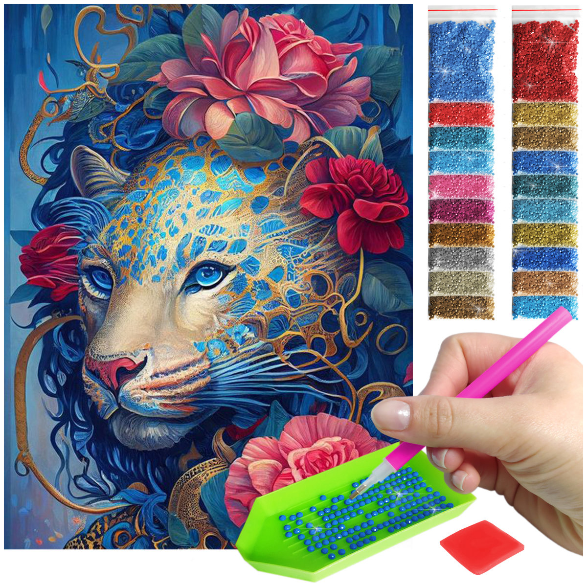 Haft Diamentowy ARTULIO, Obraz DIY 5D, Diamond Painting, Mozaika Diamentowa 30X40cm (Niebieski tygrys w abstrakcyjnym stylu) + Zestaw Akcesoriów