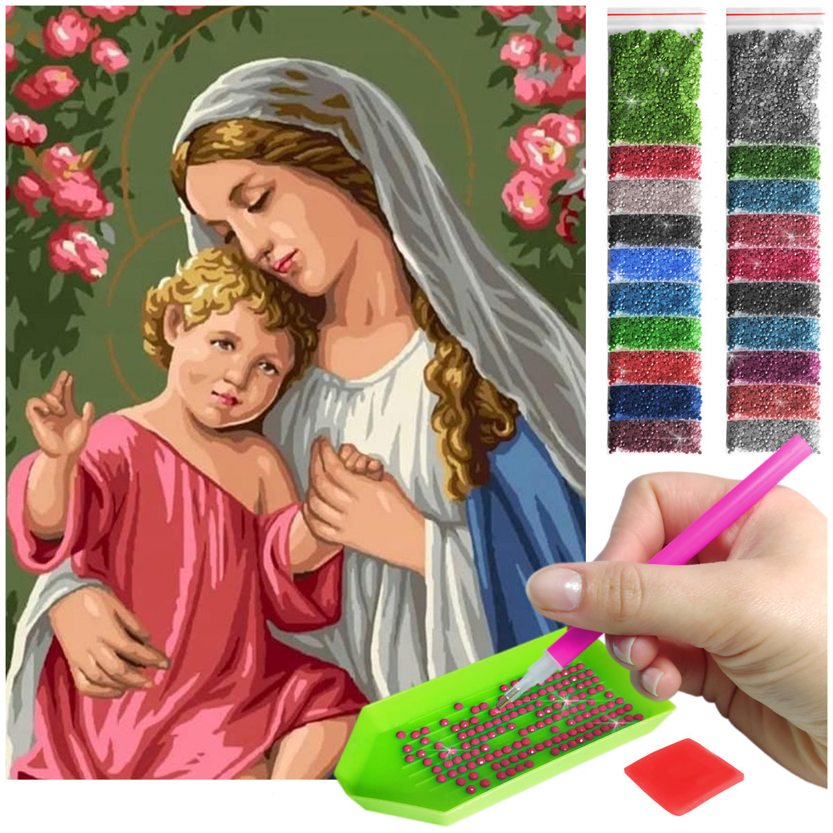 Haft Diamentowy ARTULIO, Obraz DIY 5D, Diamond Painting, Mozaika Diamentowa 30X40cm (Matka Boska z dzieciątkiem) + Zestaw Akcesoriów
