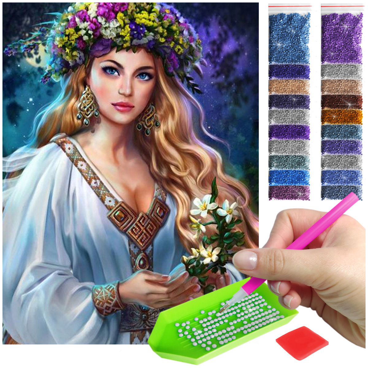 Haft Diamentowy ARTULIO, Obraz DIY 5D, Diamond Painting, Mozaika Diamentowa 30X40cm (Piękna dziewczyna w wianku) + Zestaw Akcesoriów