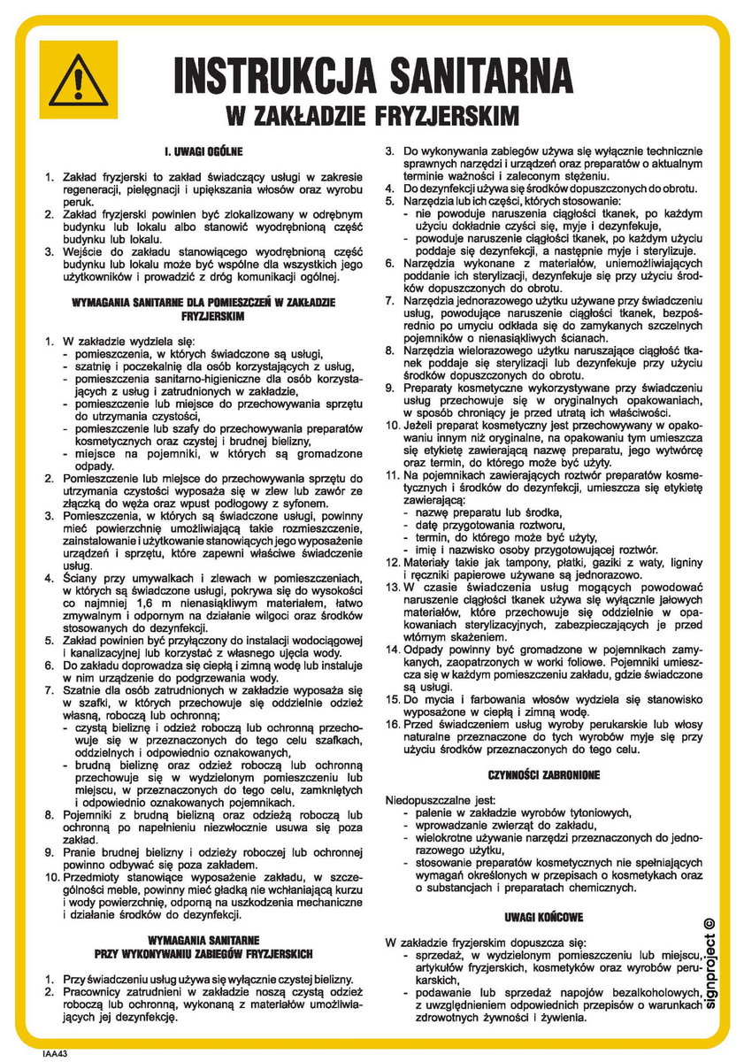 Instrukcja Sanitarna W Zakładzie Fryzjerskim 25X35 Signproject Iaa43_245X350_Hn 5904937346260