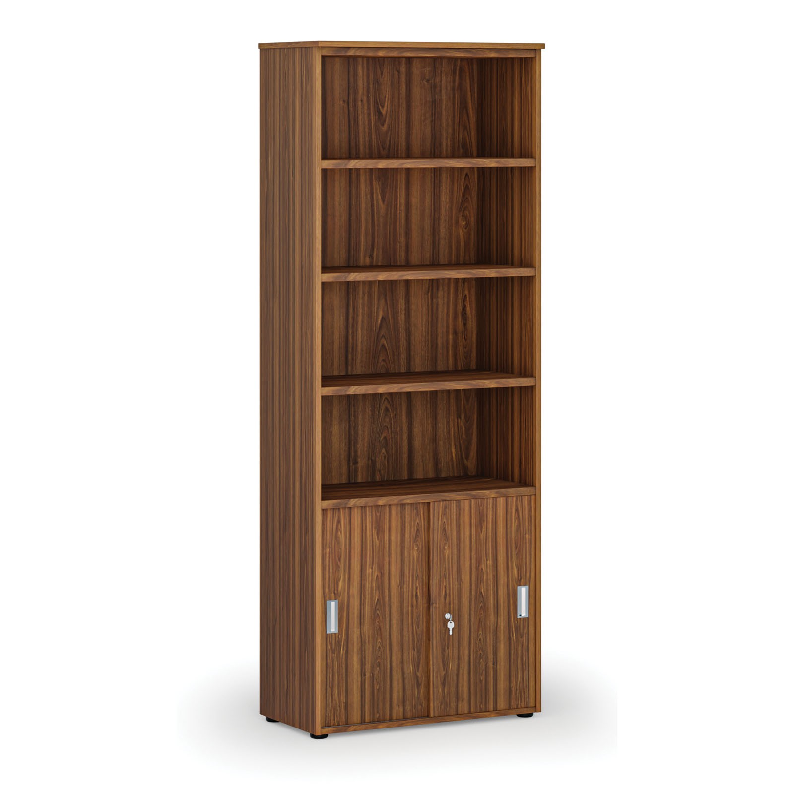 Szafa biurowa kombinowana PRIMA WOOD, drzwi przesuwne na 2 poziomach, 2128 x 800 x 420 mm, orzech
