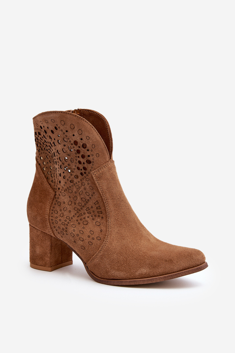 Botki Ażurowe Na Obcasie Zamsz Zazoo 3166/P Camel