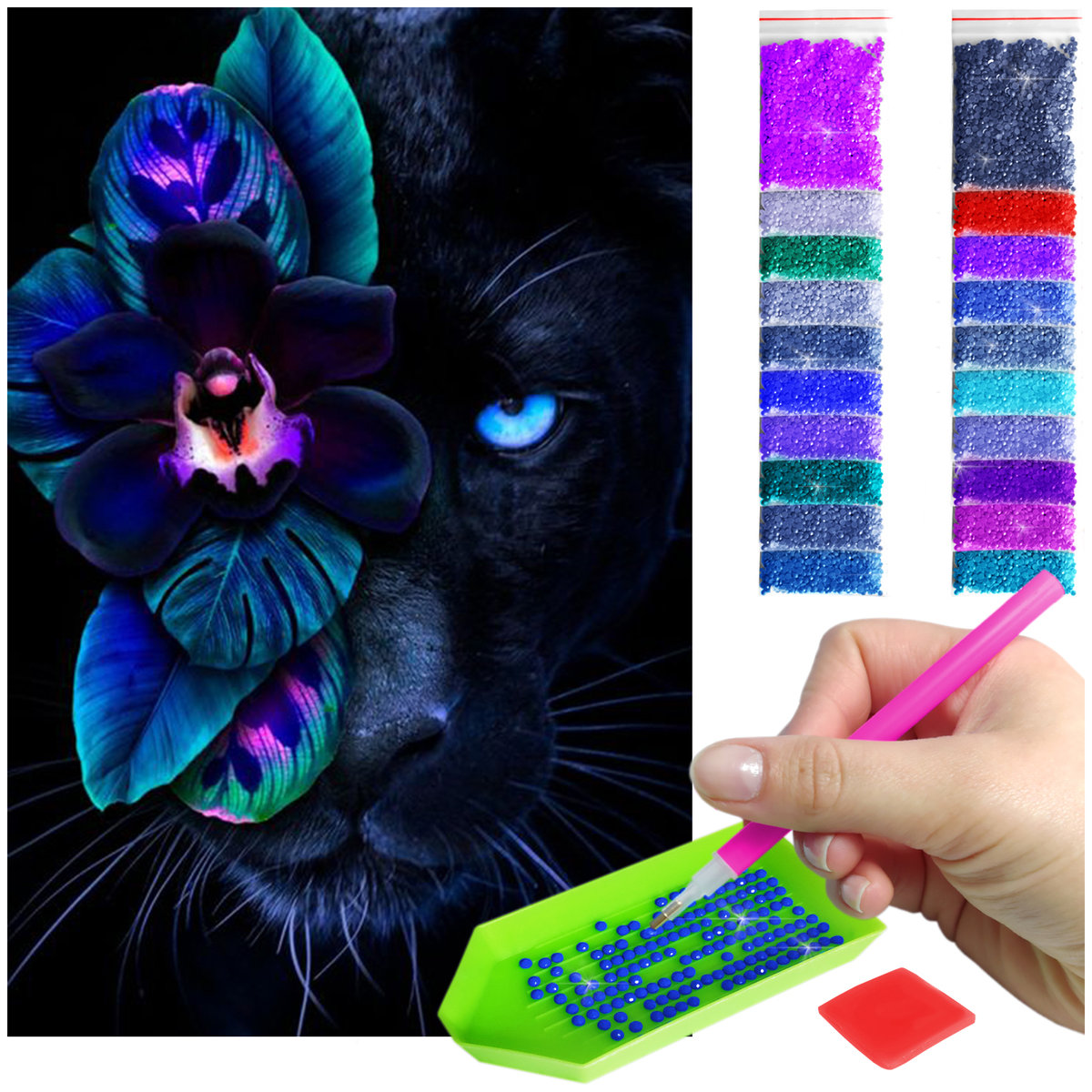 Haft Diamentowy ARTULIO, Obraz DIY 5D, Diamond Painting, Mozaika Diamentowa 40X60cm (Puma z mrocznym kwiatem) + Zestaw Akcesoriów