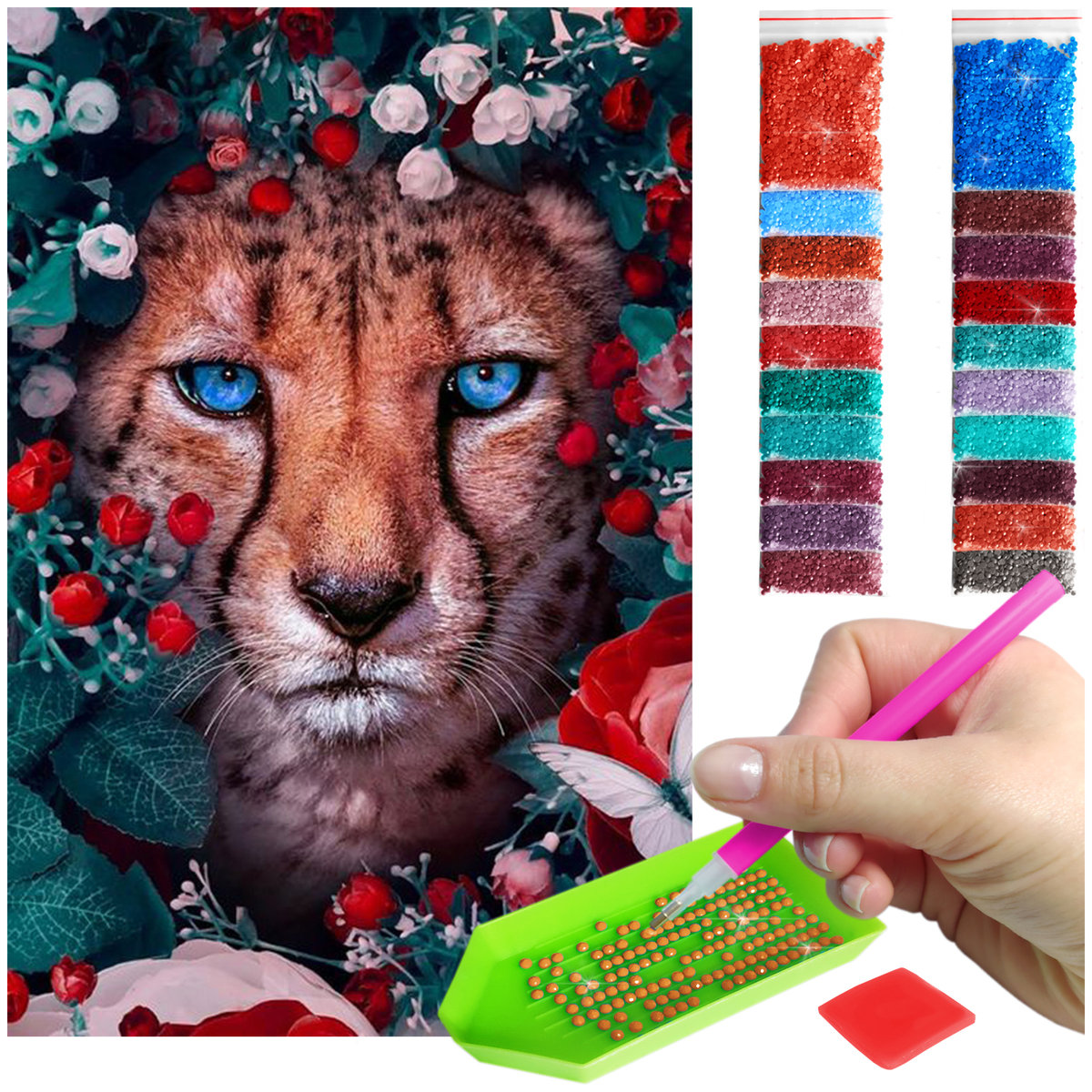 Haft Diamentowy ARTULIO, Obraz DIY 5D, Diamond Painting, Mozaika Diamentowa 40X60cm (Puma w kolorowych kwiatach) + Zestaw Akcesoriów