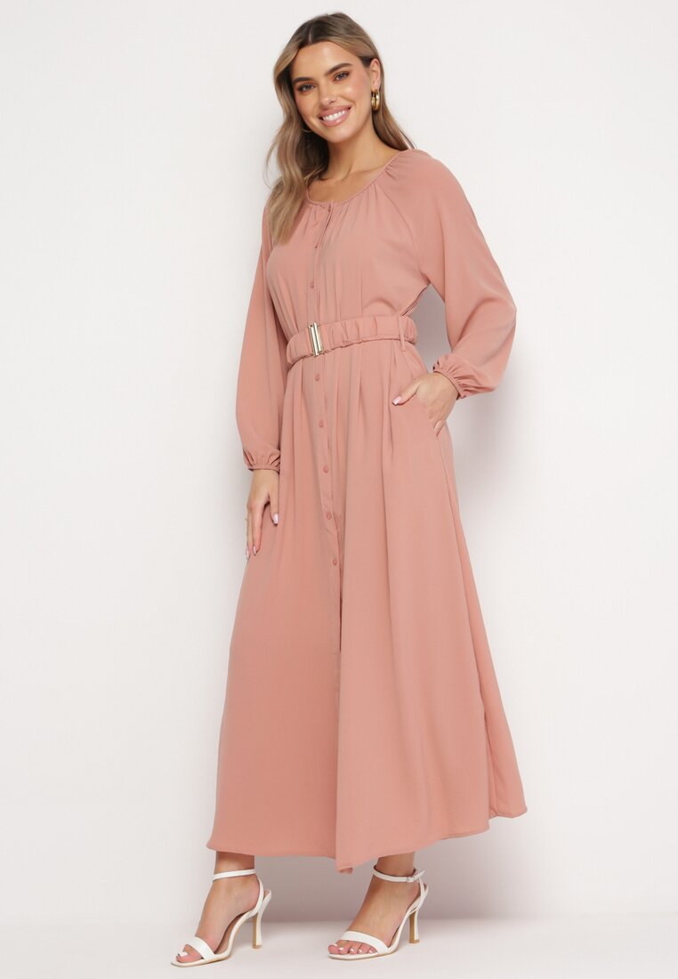 Ciemnoróżowa Luźna Sukienka Maxi z Guzikami i Paskiem z Ozdobną Klamrą Liriti