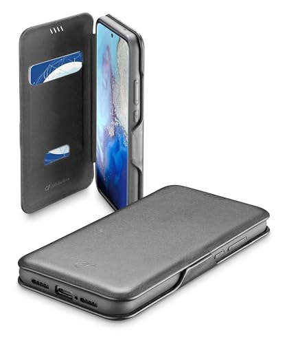 Cellularline Book Clutch 2 czarna okładka, etui z klapką z prawdziwej skóry portfel na telefon z magnetycznym zamknięciem, etui w stylu książki z kieszeniami i uchwytem na karty. Pasuje do: Samsung
