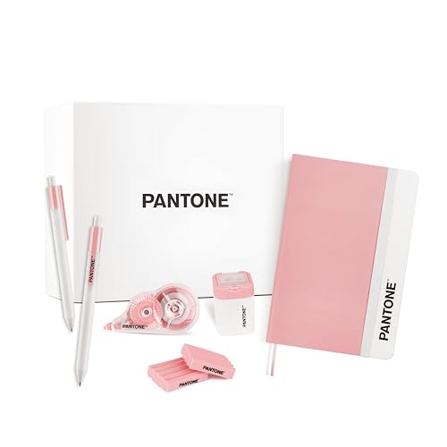 PANTONE™ Pastel Gift Box - Zestaw artykułów piśmienniczych i szkolnych z białą wstążką, 10 mt, czarny długopis żelowy 0,7 mm 4 sztuki, temperówka z zbiornikiem, notatnikiem i 2 gumkami