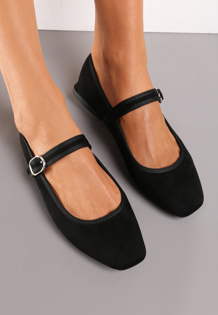 Czarne Balerinki z Zapięciem na Sprzączkę i Kwadratowym Noskiem Loratie