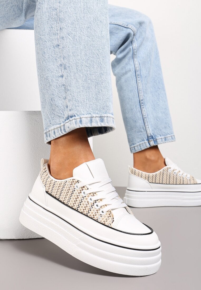 Różowe Krótkie Trampki na Wysokiej Platformie z Tweedową Wstawką Grogamia